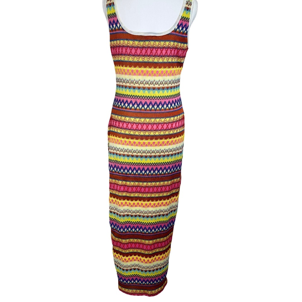 Boho Multicolor Chevron Knit Sleeveless Maxi Dress Scoop Neck Side Slit Medium